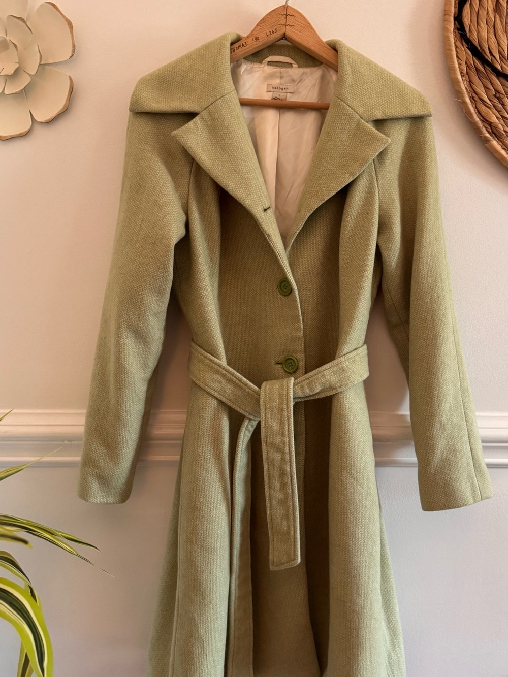 Halogen Sage Green Wool-Blend Belted Trench Coat